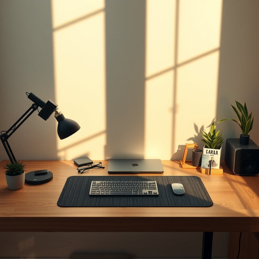Minimal wood desk setup with a full coverage desk mat under a keyboard and mouse