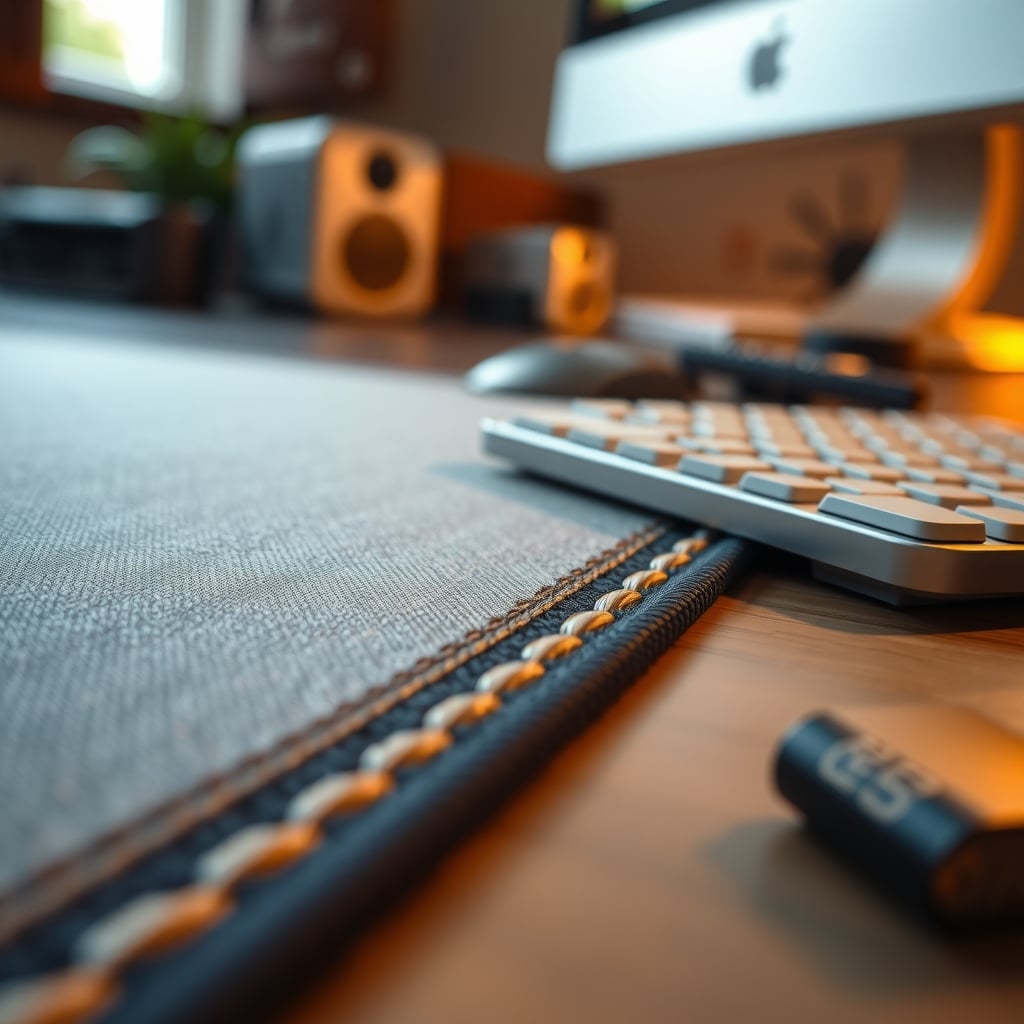 Close up of a stitched edge on a felt topped desk mat