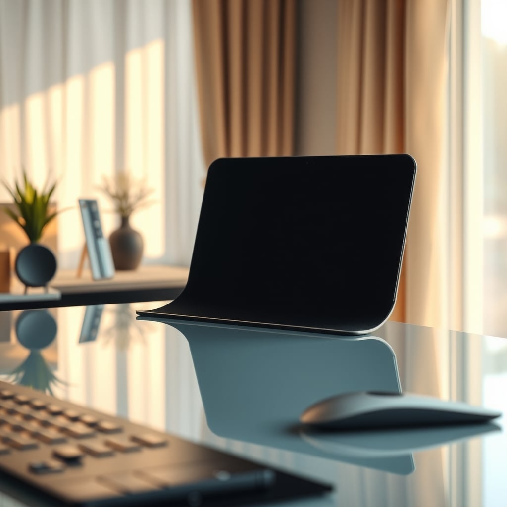 Corner of a fabric desk mat lifting away from a glass desktop surface