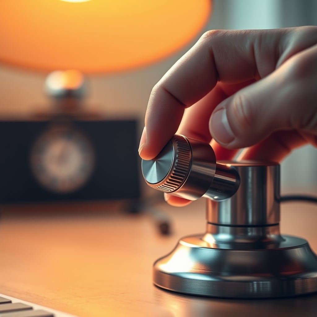 A hand turning a satisfying physical knob on a high-quality desk lamp.