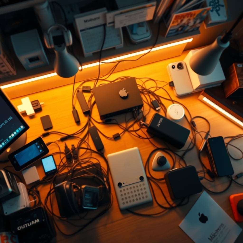 A cluttered, stressful desk setup with too many smart devices and tangled cables.