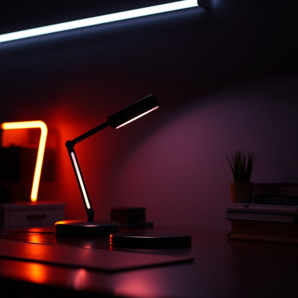 A clean, focused desk with a single non-smart architect lamp providing warm light.