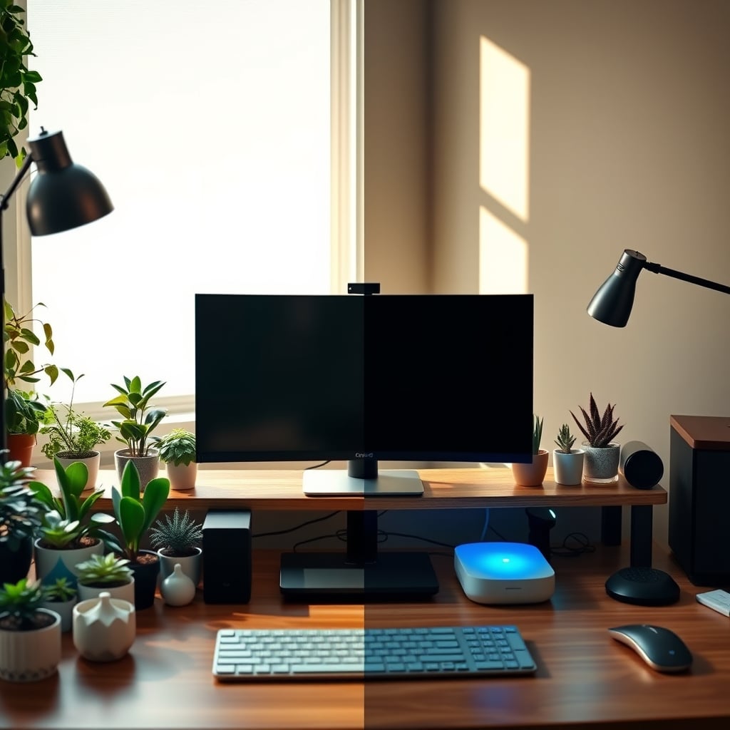 Split-screen comparison: a cluttered desk with many 'air cleaning' items vs. a clean desk with hidden, effective purification.