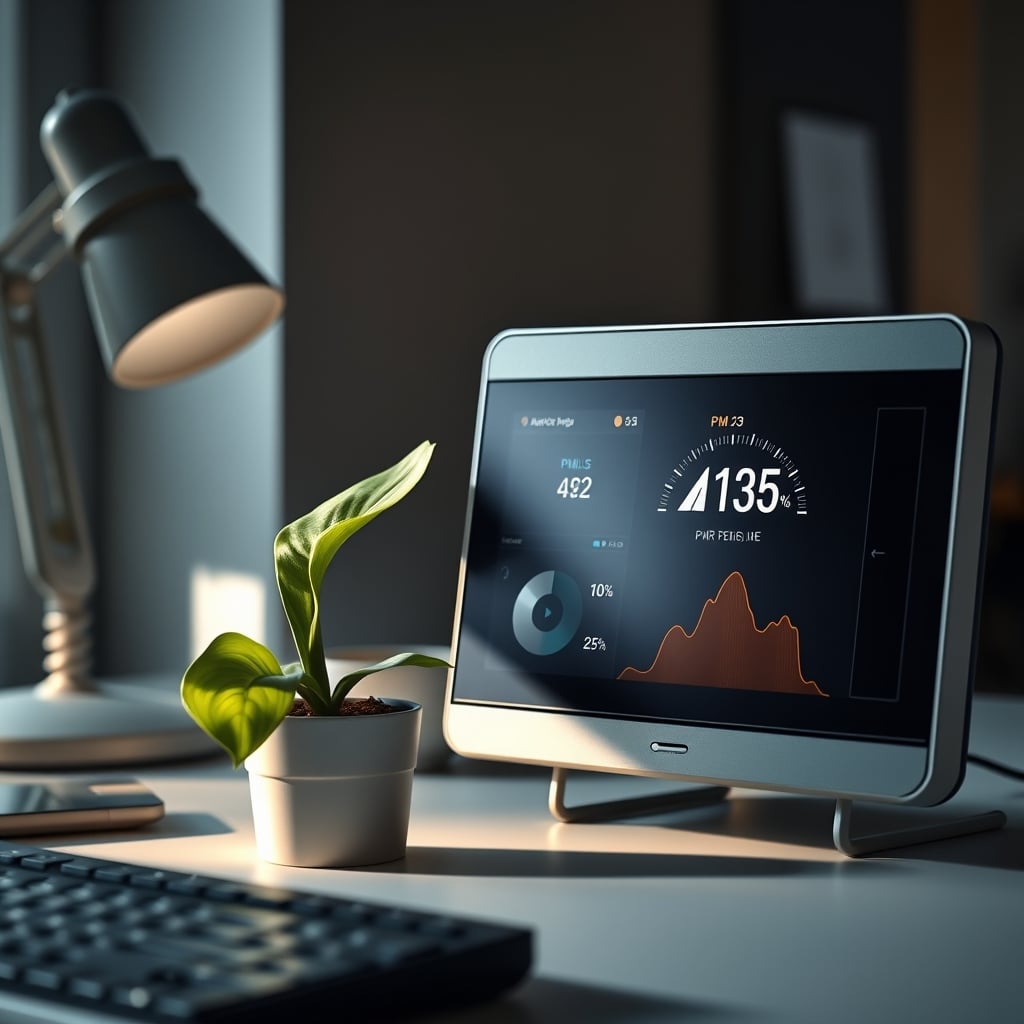 A decorative 'air purifying' desk plant sits next to an air quality monitor showing poor readings, proving the plant's ineffectiveness.