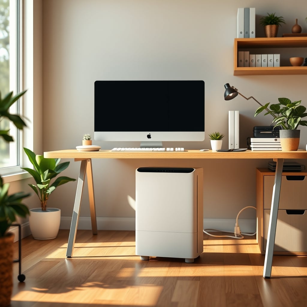 A simple, effective air purifier placed discreetly on the floor behind a desk, doing its job without visual intrusion.