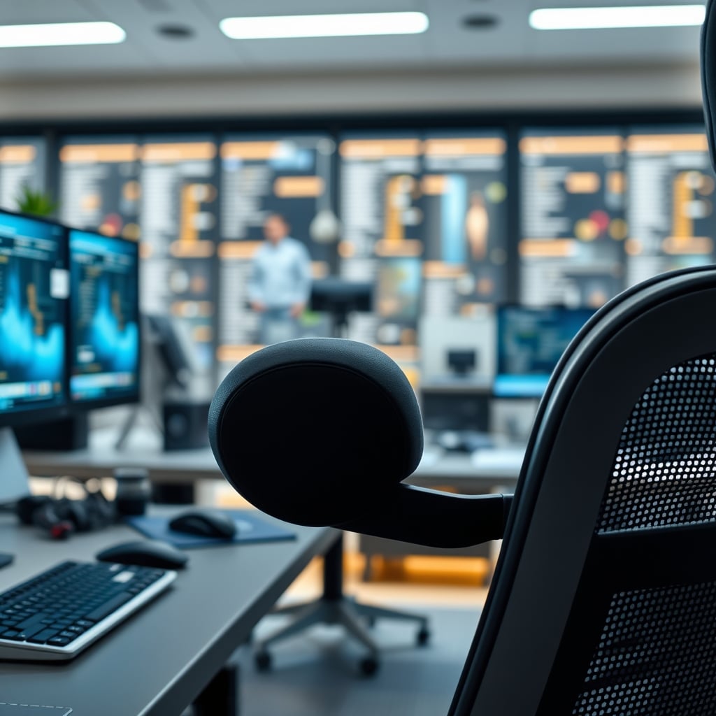 Detailed close-up of a high-end office chair's multi-directional 4D armrest mechanism