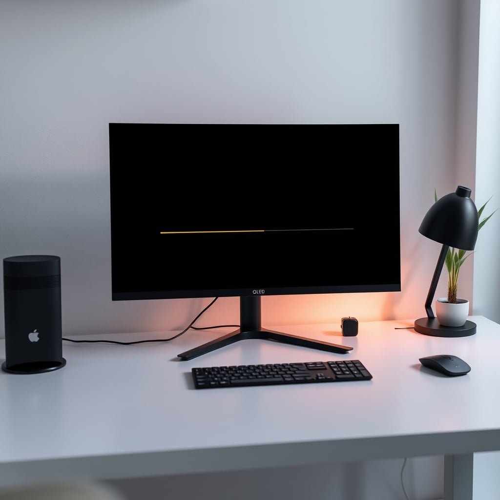 A clean desk setup featuring an OLED monitor set to low brightness in dark mode.