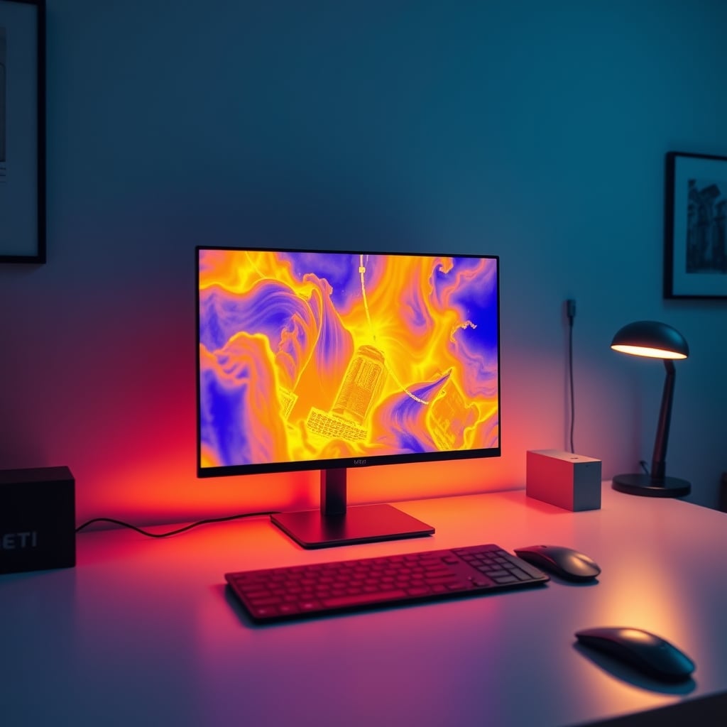 Thermal imaging showing heat buildup on an OLED monitor panel during use.