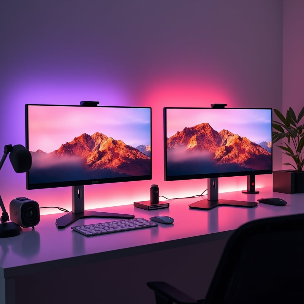 Side-by-side comparison of a Mini-LED monitor and an OLED monitor on a clean desk