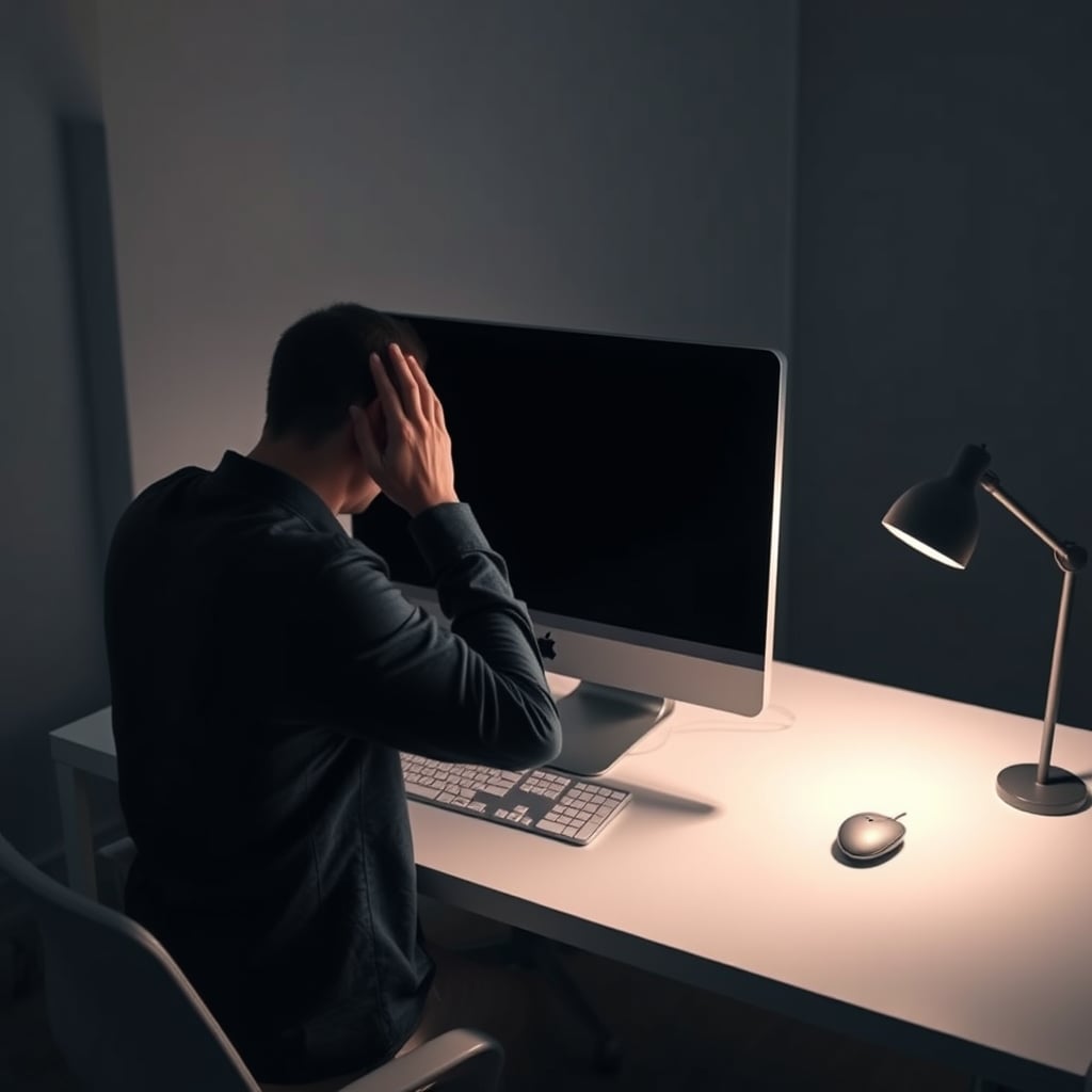 Person experiencing eye strain in front of a monitor in poor lighting