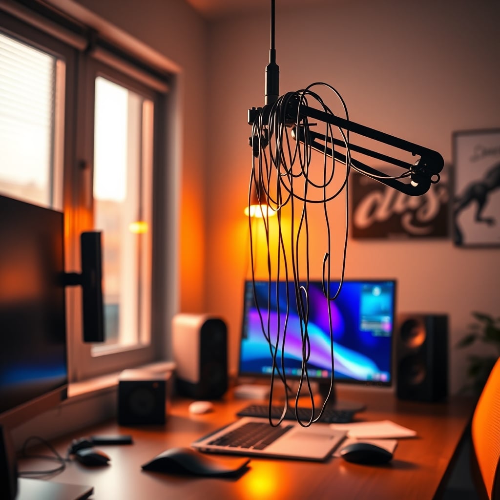 Close-up of strained cables and connectors on an overhead monitor arm.