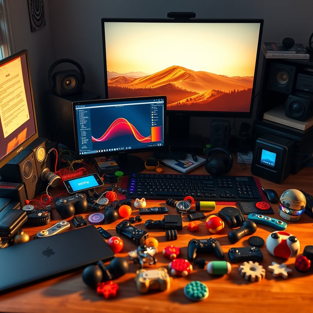 A desk cluttered with overhyped anti-stress gadgets like fidget spinners, puzzles, and a glowing lamp, creating visual chaos next to a monitor.