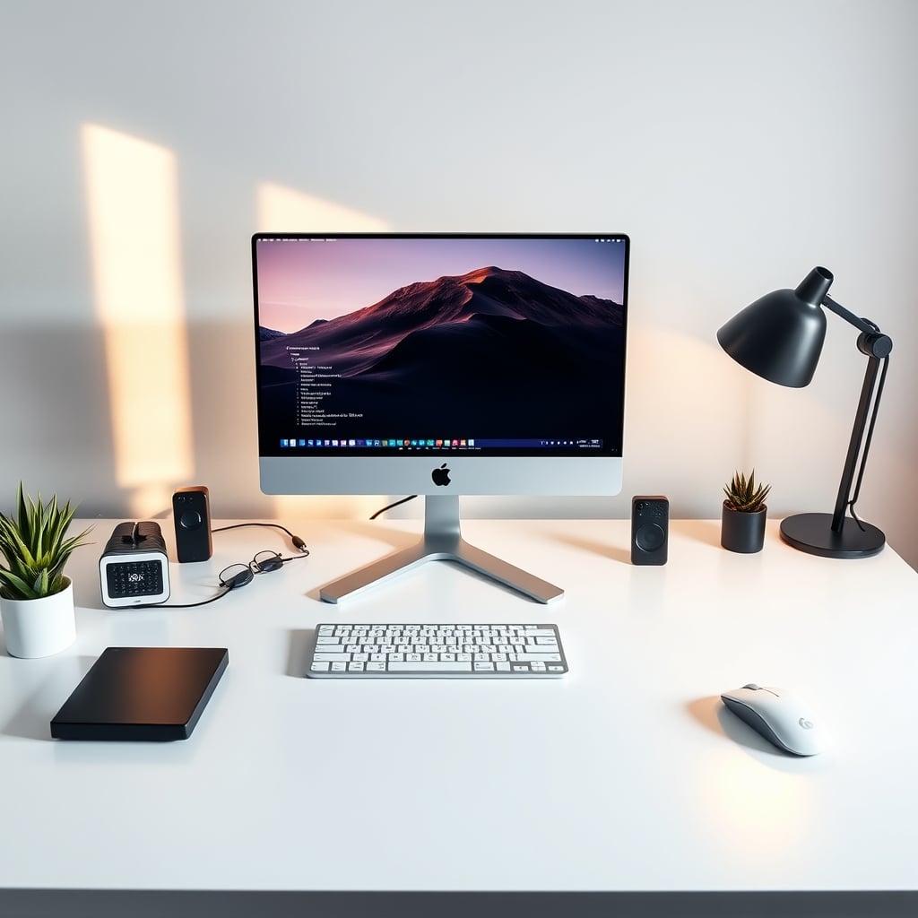 A clean, minimalist desk setup with only a monitor, keyboard, mouse, and a simple analog clock.