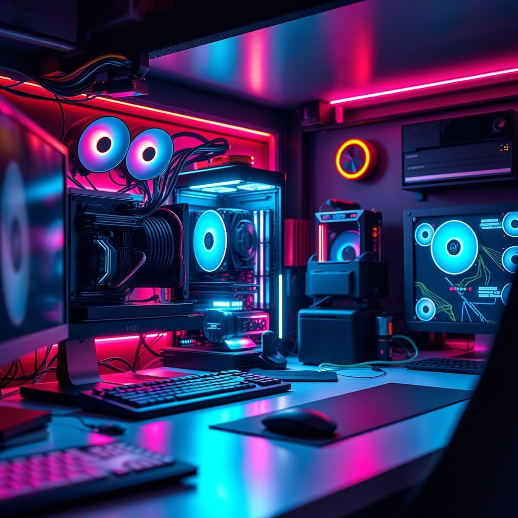 Overly complex and expensive PC interior with excessive RGB lighting, representing wasted budget