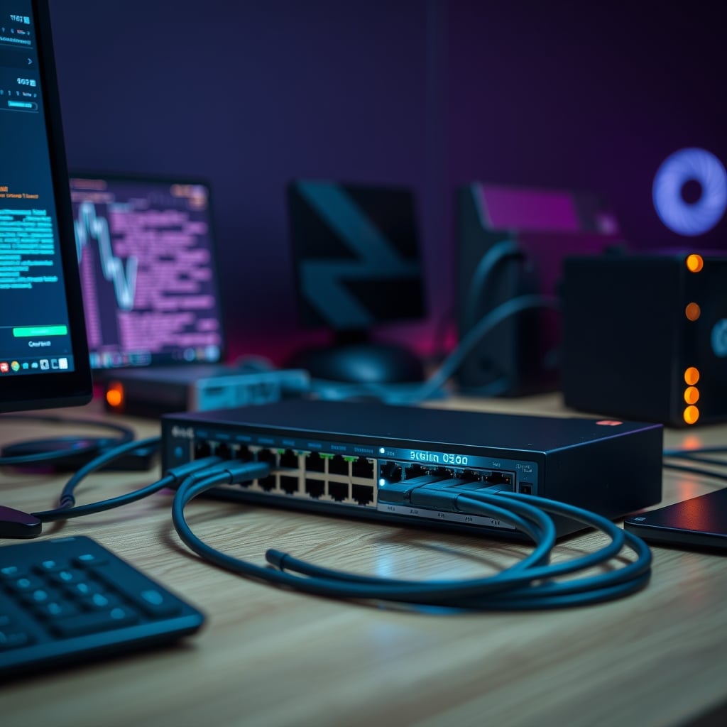 A 10-gigabit network switch connecting a NAS and a computer