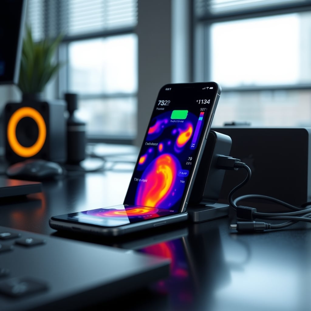 Thermal image of a smartphone illustrating heat distribution during charging, highlighting critical temperature zones for battery health.