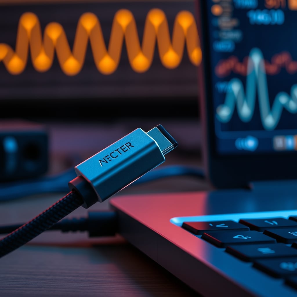 Close-up of a high-quality USB-C cable and connector, symbolizing stable and efficient power delivery crucial for battery health.