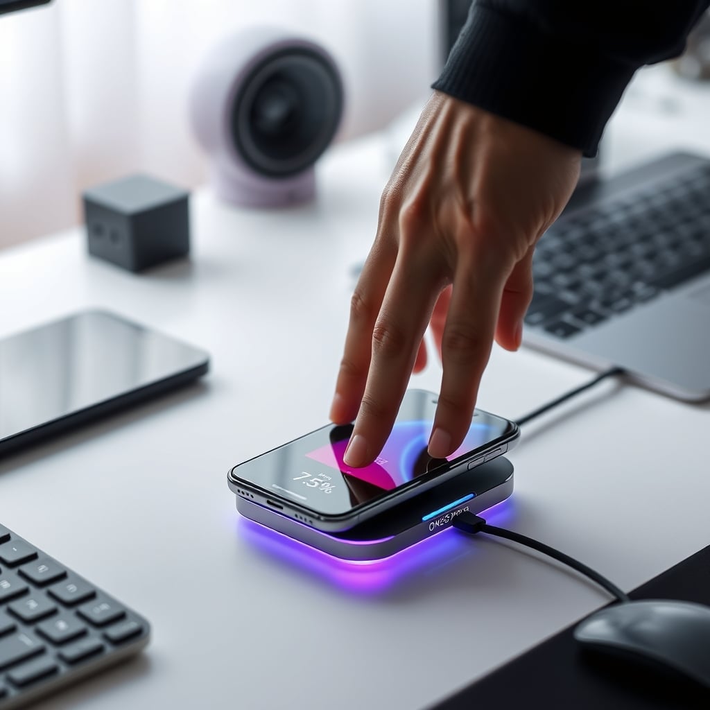 A phone being placed on a ventilated charging pad, demonstrating a best practice for managing battery temperature during charging.