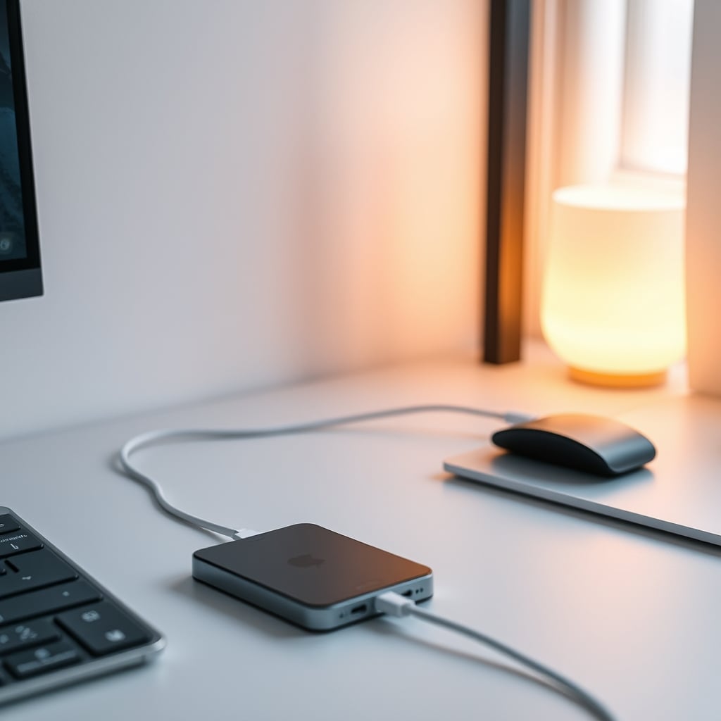 Clean desk with single phone on stand connected to one simple charger