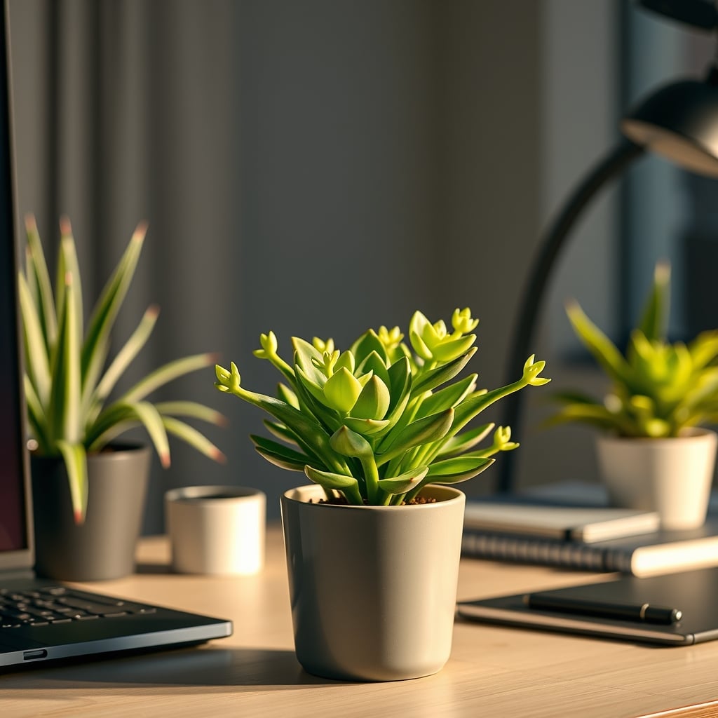 A realistic-looking artificial succulent in a stylish pot on a clean, modern desk with a keyboard and monitor.