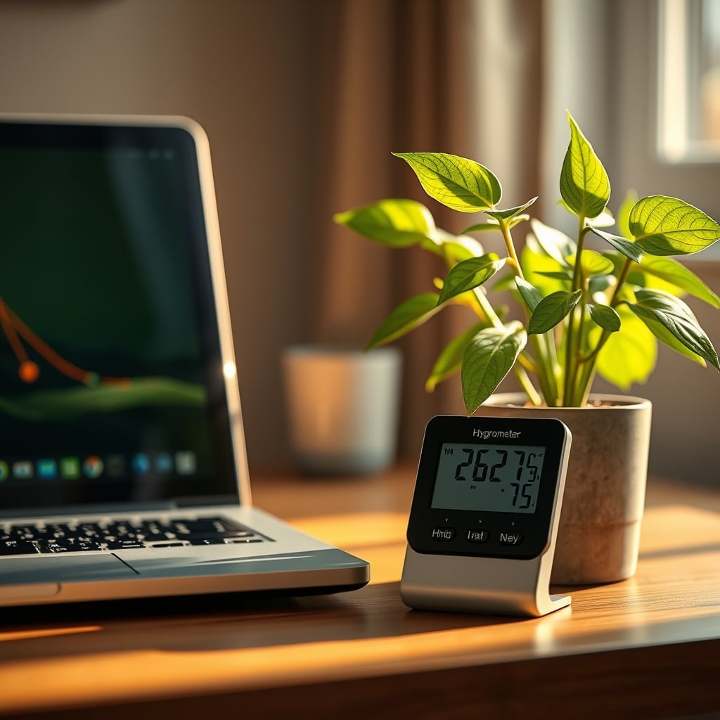 A digital hygrometer placed on a desk between a laptop and a potted plant, displaying a humidity reading of 72%.