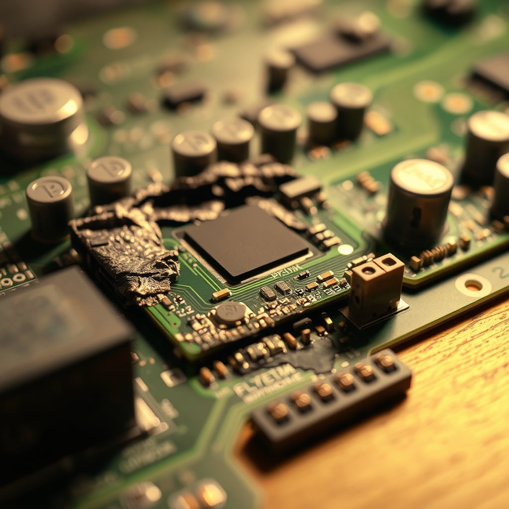 Close-up view of green corrosion and mineral deposits on a computer circuit board caused by prolonged exposure to humidity.