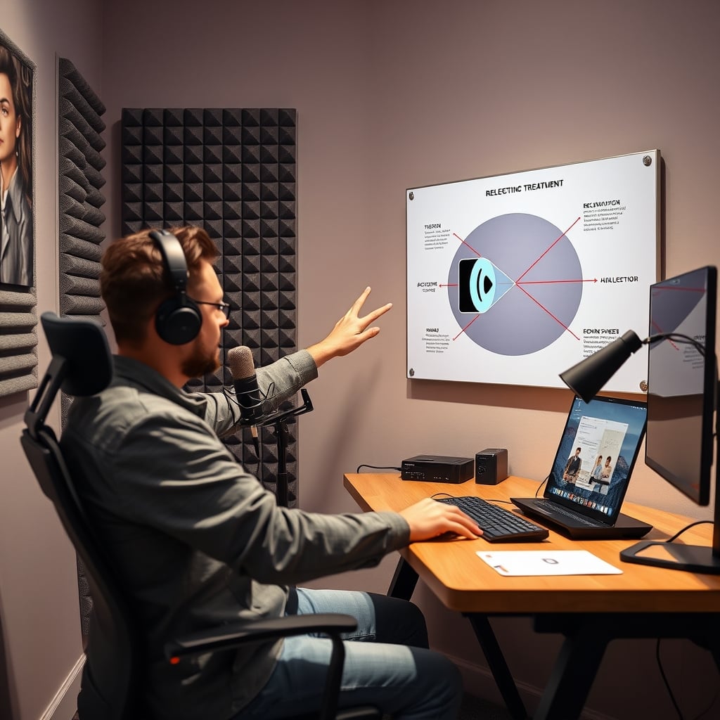 A person using a mirror to identify first reflection points on a studio wall for accurate acoustic panel placement.
