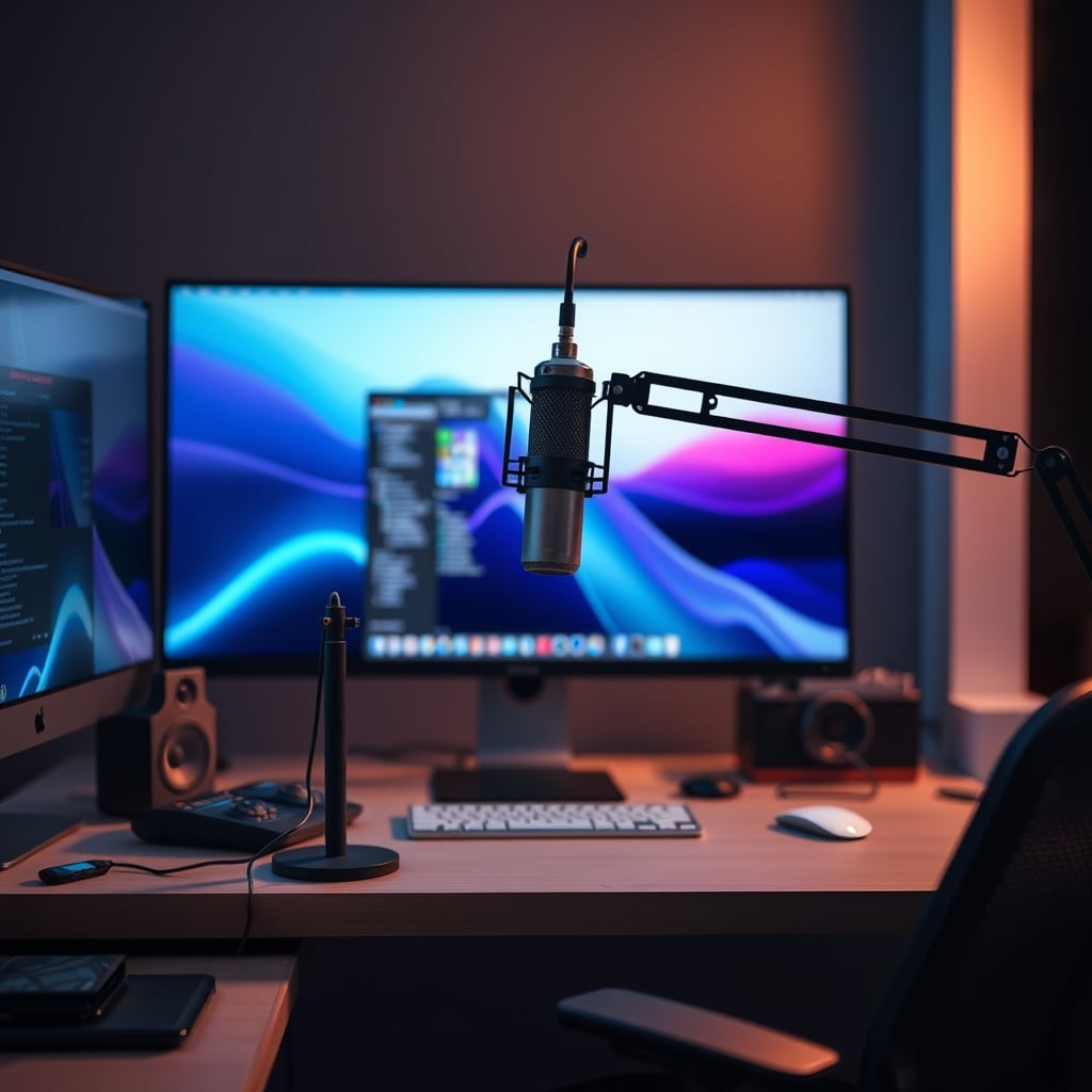A clean, functional podcast setup with a microphone on a boom arm extended away from the computer and monitors, with clean cable routing.