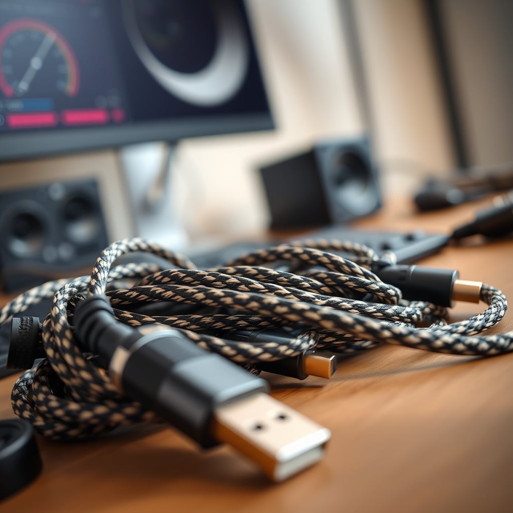 A close-up shot of high-end, braided audio cables hopelessly tangled with power cords.