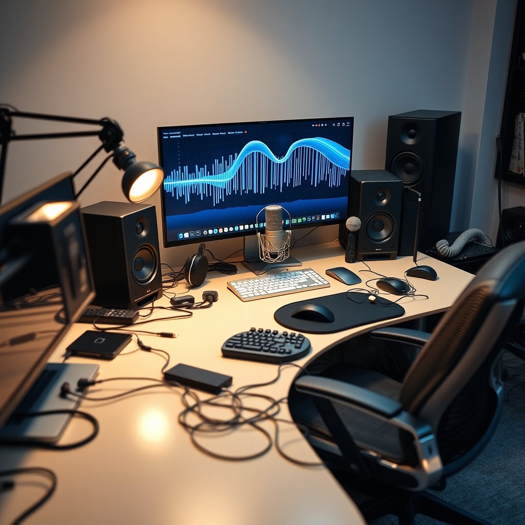 A chaotic desk setup with multiple monitors, PCs, and tangled cables, with visual representations of electromagnetic interference waves emanating from them.