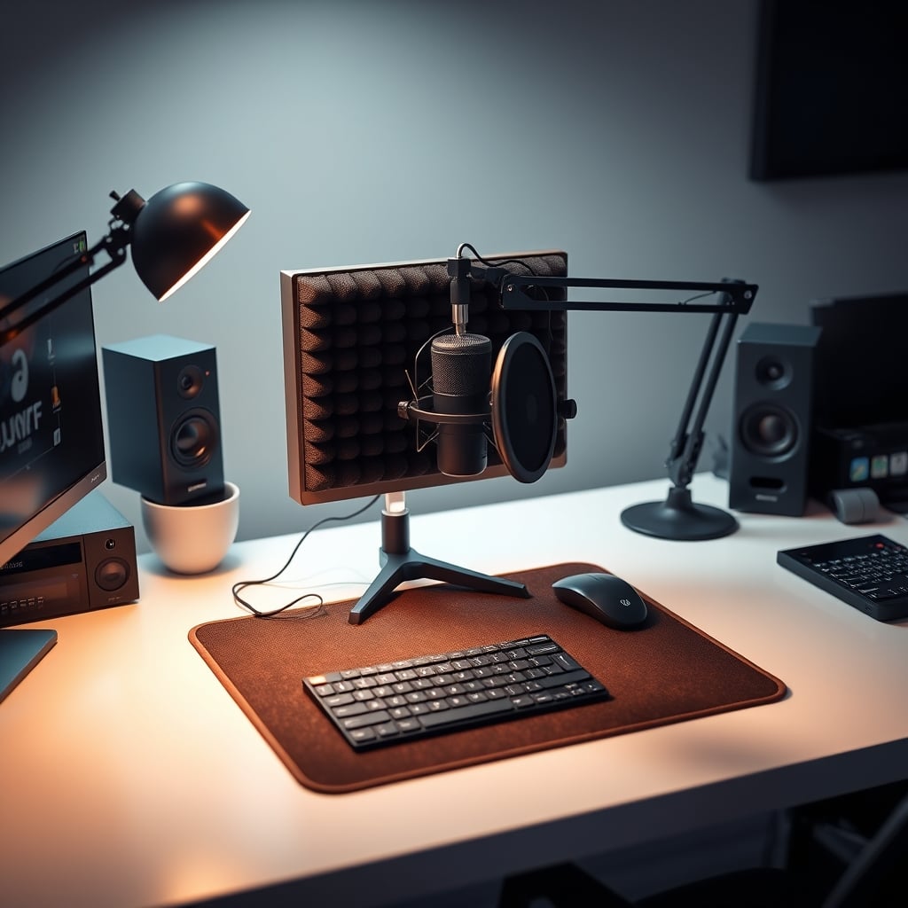 A modern podcast setup showing a clamp-on acoustic panel on the desk and a felt pad.