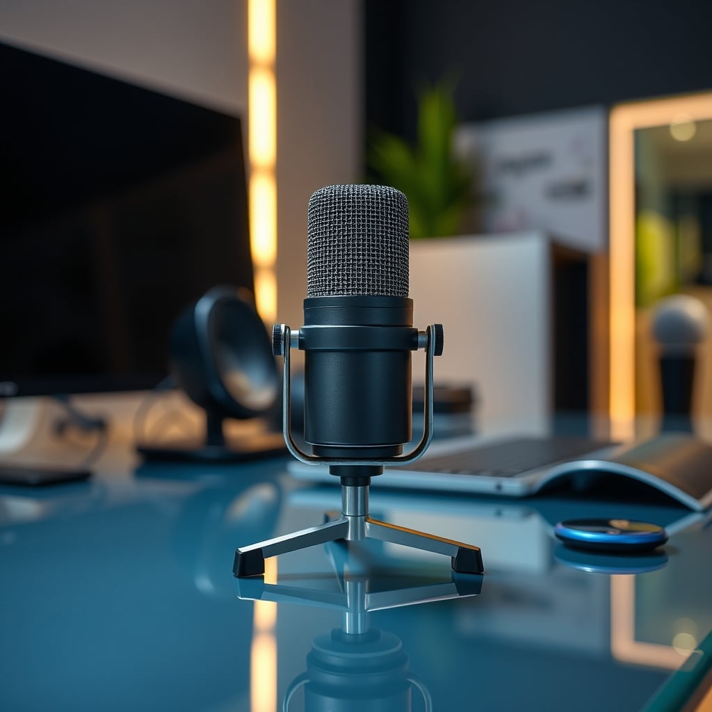 A microphone positioned on a reflective glass desk, highlighting an acoustic problem.