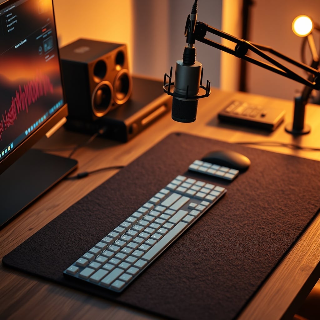 A dark grey thick felt desk pad covering a desk with a microphone and keyboard on top.