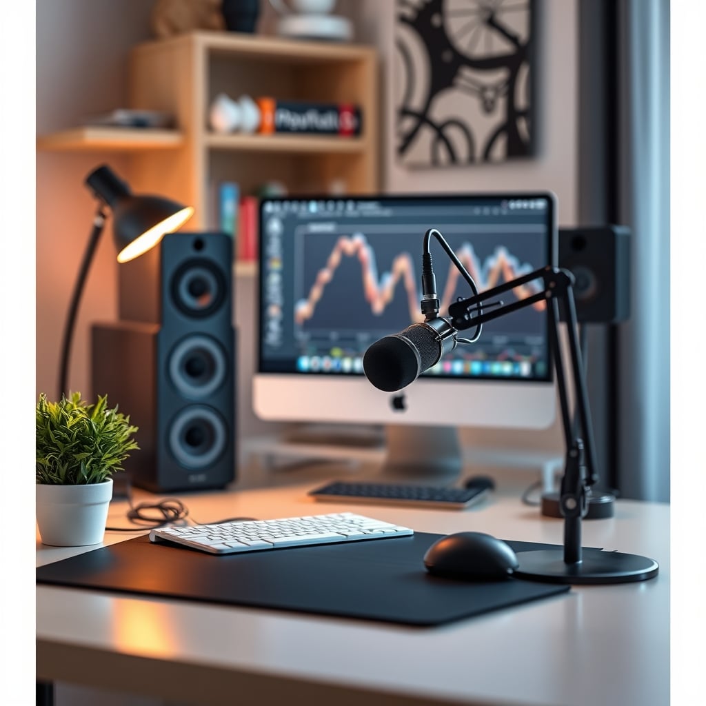 Compact podcast desk layout with a microphone arm