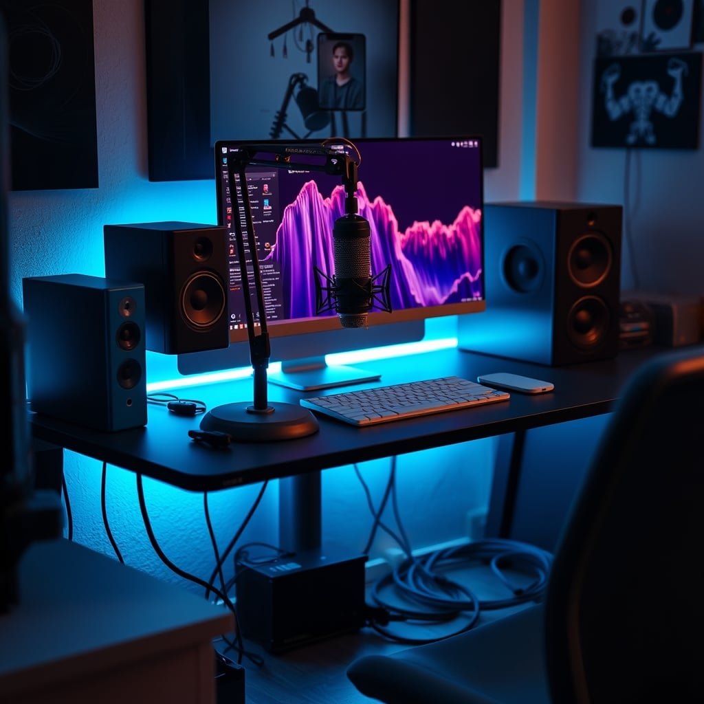 Cables routed under a podcast desk