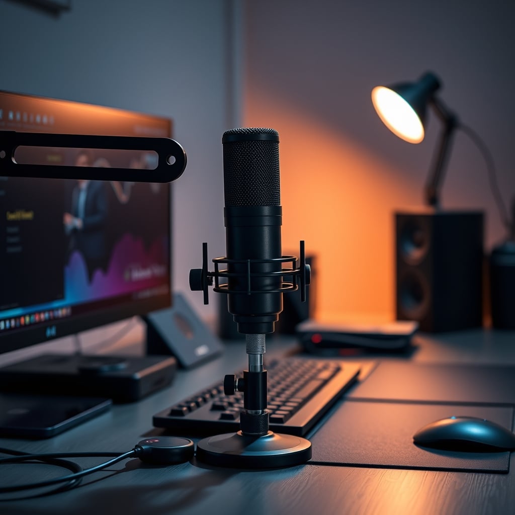 Podcast mic arm clamped to a solid desk edge