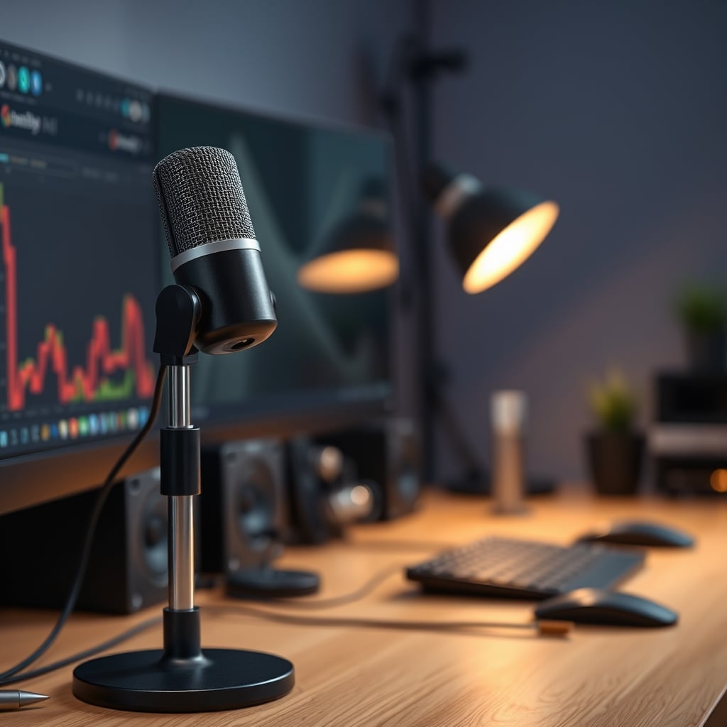 A simple microphone on a desk stand, with a blurred, non-distracting background.