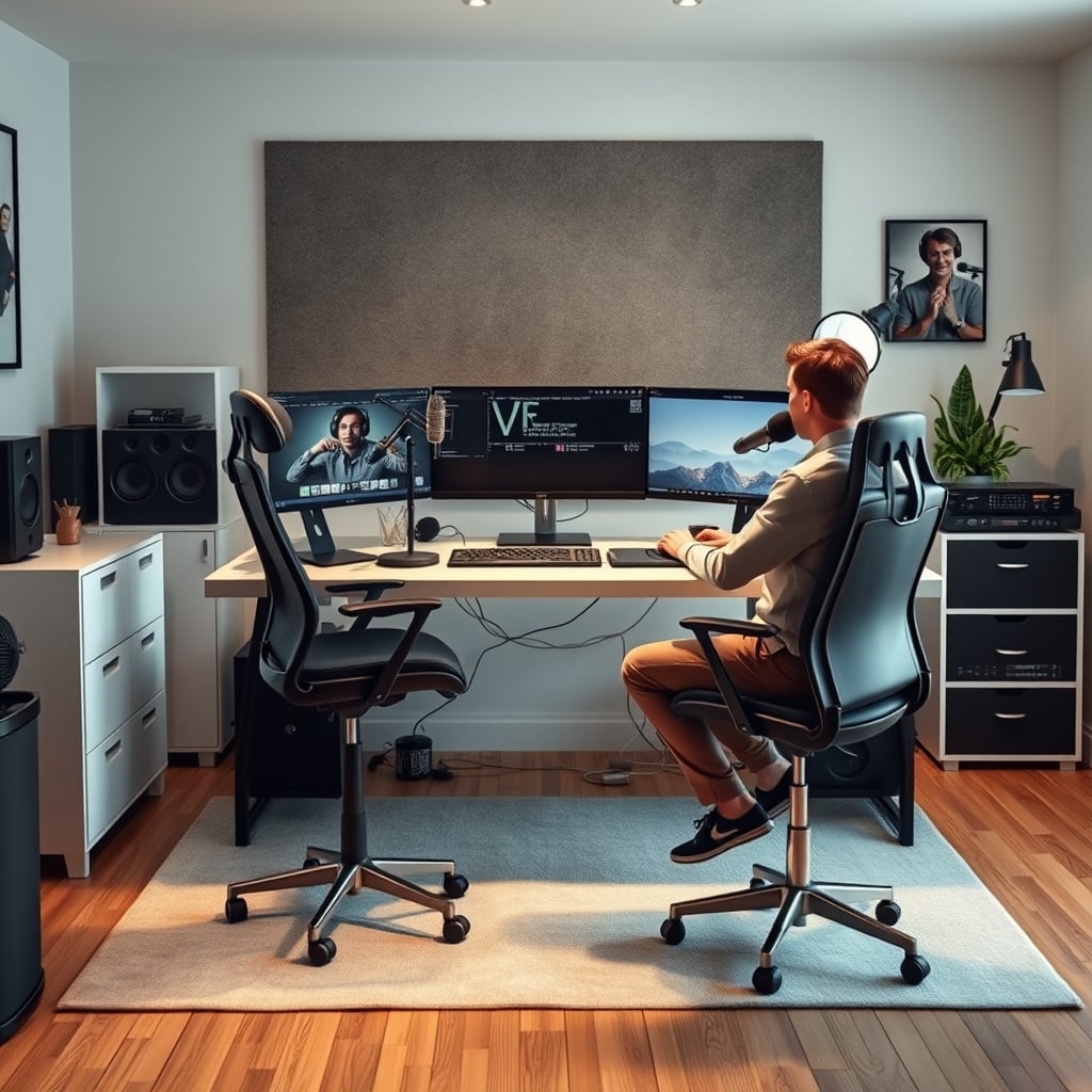 A simple, real home office podcast setup with mismatched, everyday chairs.