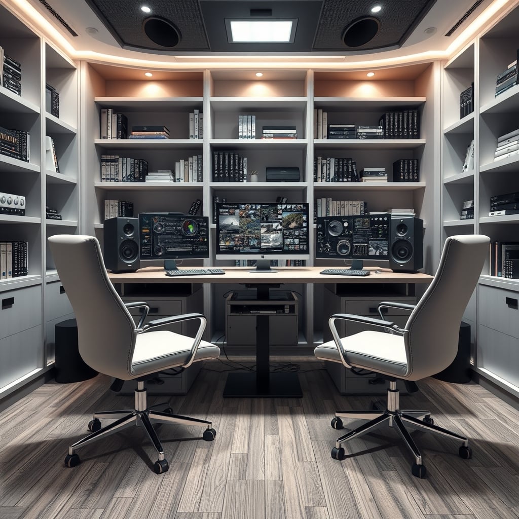 A cold, overly designed podcast studio with matching chairs and a bookshelf, representing the 'authenticity' trap.