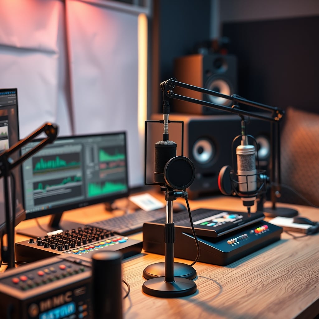 A professional podcast setup showing multiple microphones, audio interface, and proper monitoring equipment on a desk