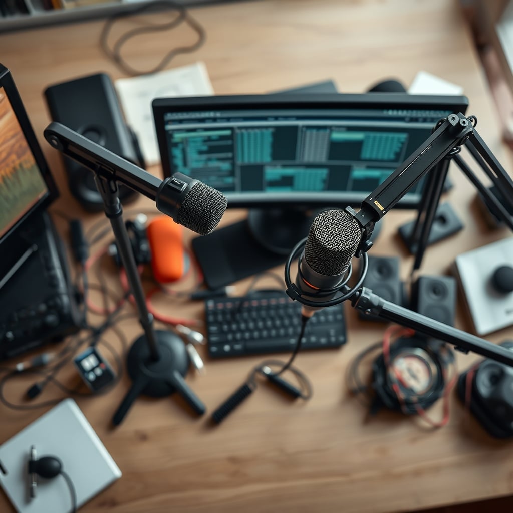 A top-down view of a cluttered, over-engineered podcast desk with two microphones on arms and tangled cables.
