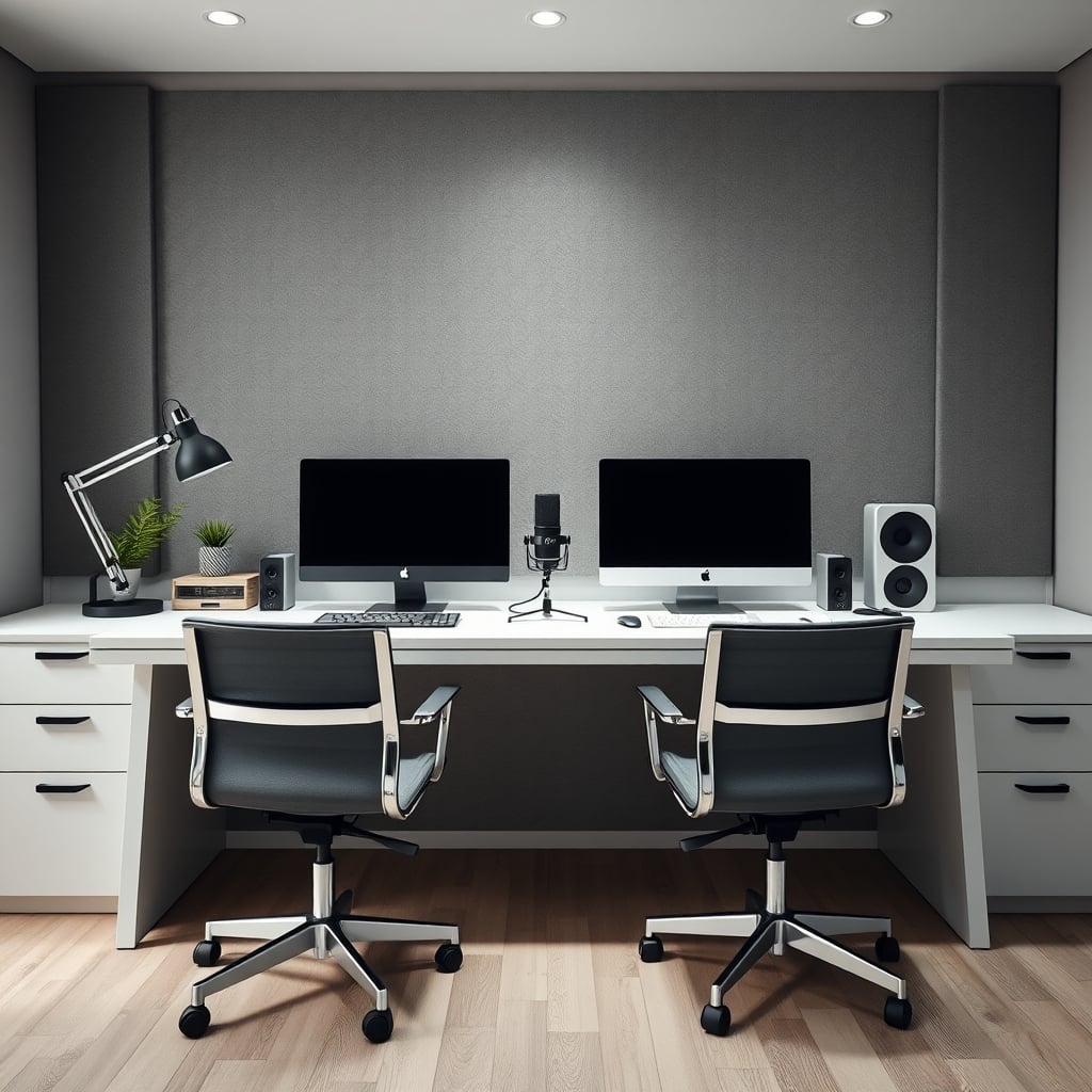 A clean, minimalist desk with a single dynamic microphone centered between two chairs.