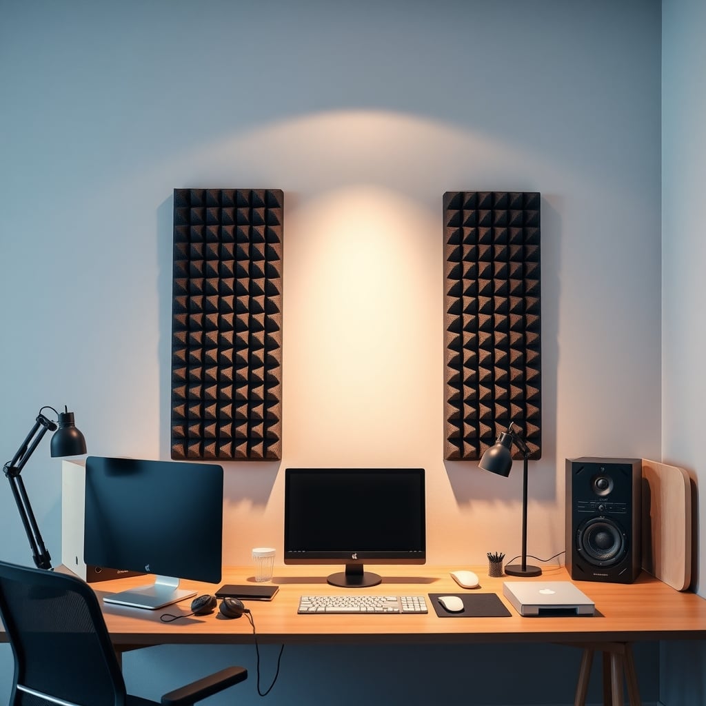 Thin acoustic foam panels mounted on a wall behind a desk setup