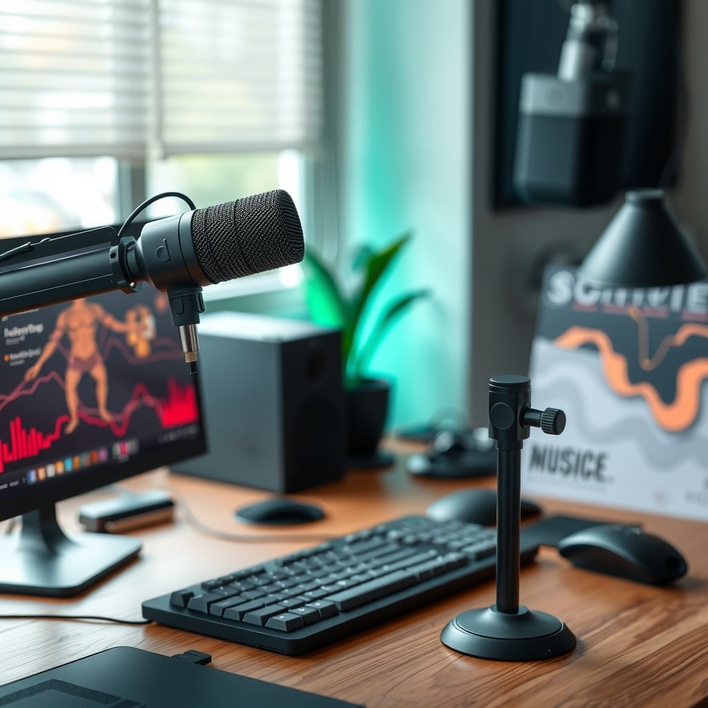 Podcast microphone suspended on a desk boom arm above a wooden desk