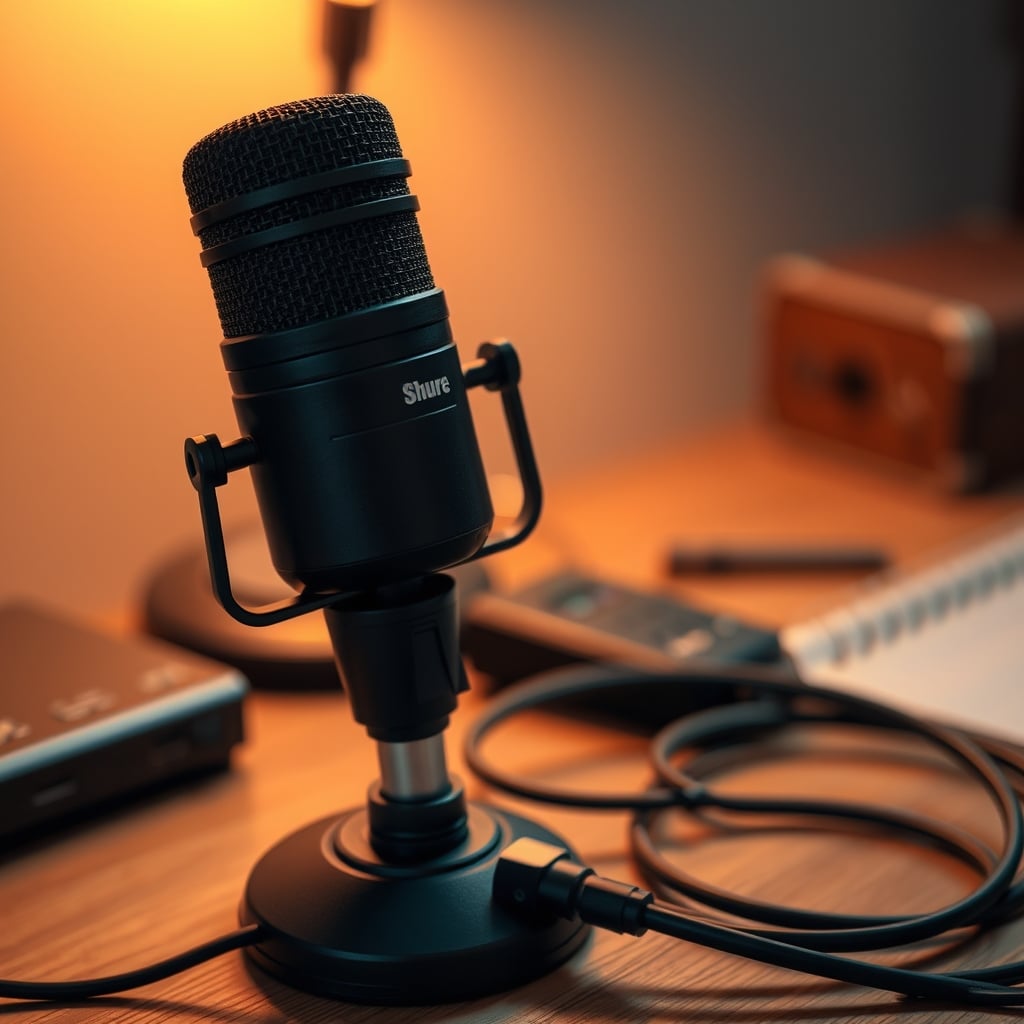 A detailed close-up of a Shure SM7dB microphone with its integrated preamp controls, mounted on a boom arm.