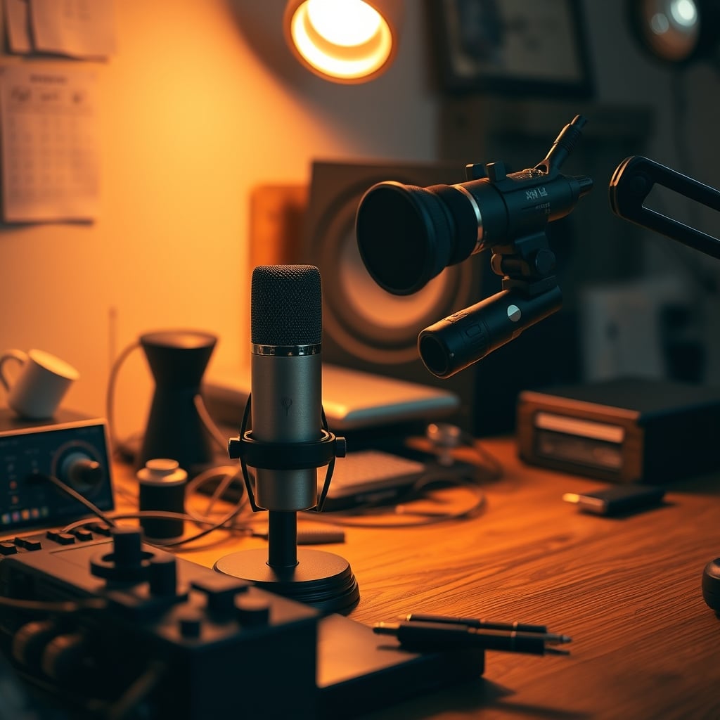 A messy desk with a cheap USB microphone versus a clean setup with a Shure SM7B on a boom arm, illustrating the upgrade difference.