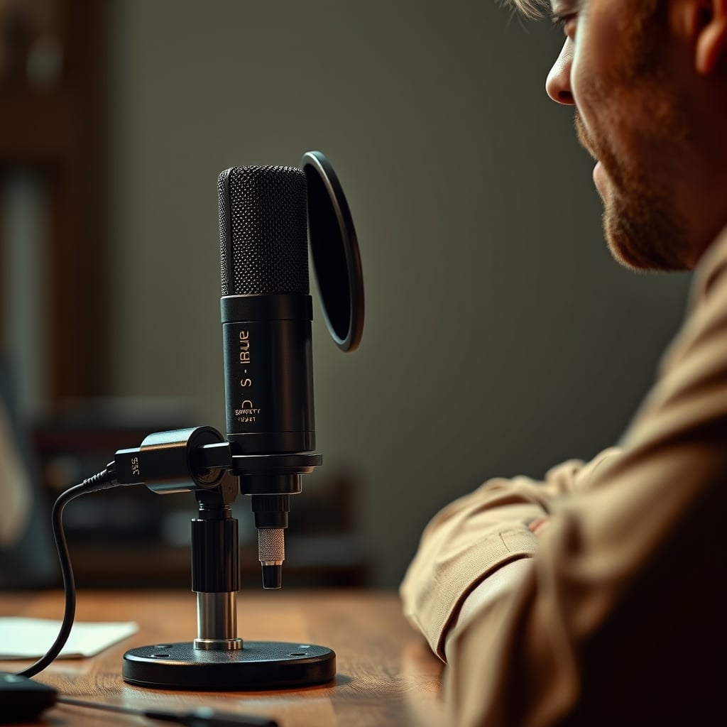 Side view of a person speaking correctly, 2-3 inches from a microphone with a pop filter.