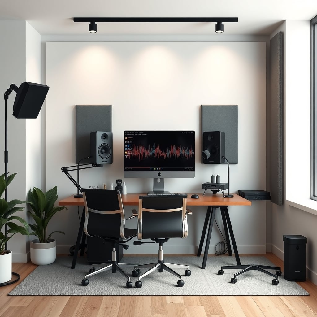 Minimalist podcast room with strategic acoustic panels and a dynamic microphone.