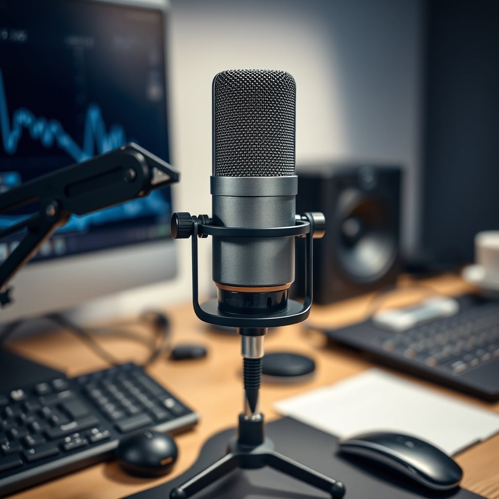 Close-up of a high-quality dynamic microphone in a podcast setup, highlighting its proximity effect.