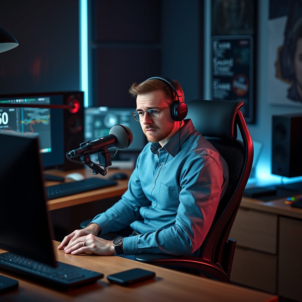 A podcaster looking strained and uncomfortable in a rigid 'perfect' ergonomic chair, microphone too far away.